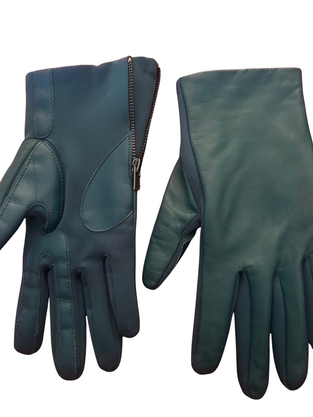 Vintage Teal Soft Genuine Leather Zip-Up Winter Dress Gloves - SizeL